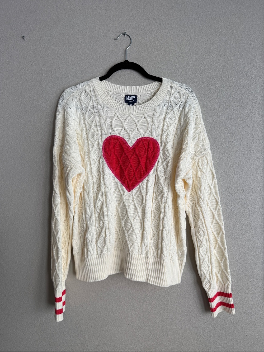Lands' End Girls Sz M Cream Cable Knit Sweater Red Heart Pullover 100% Cotton